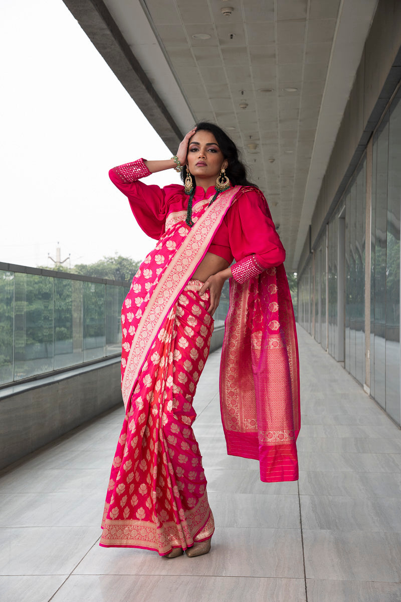 Rani Pink Banarasi Silk Ethnic Motifs Saree with Unstitched Blouse Piece,  बनारसी साड़ी - Meghvi, Hyderabad | ID: 2851885423573